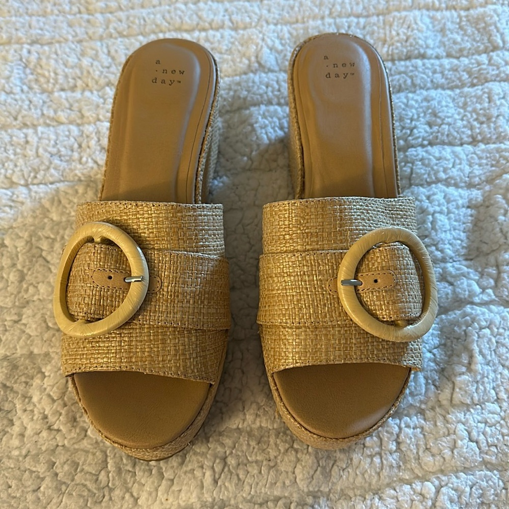 a new day Woven Slide Wedge Sandals in Tan size 11